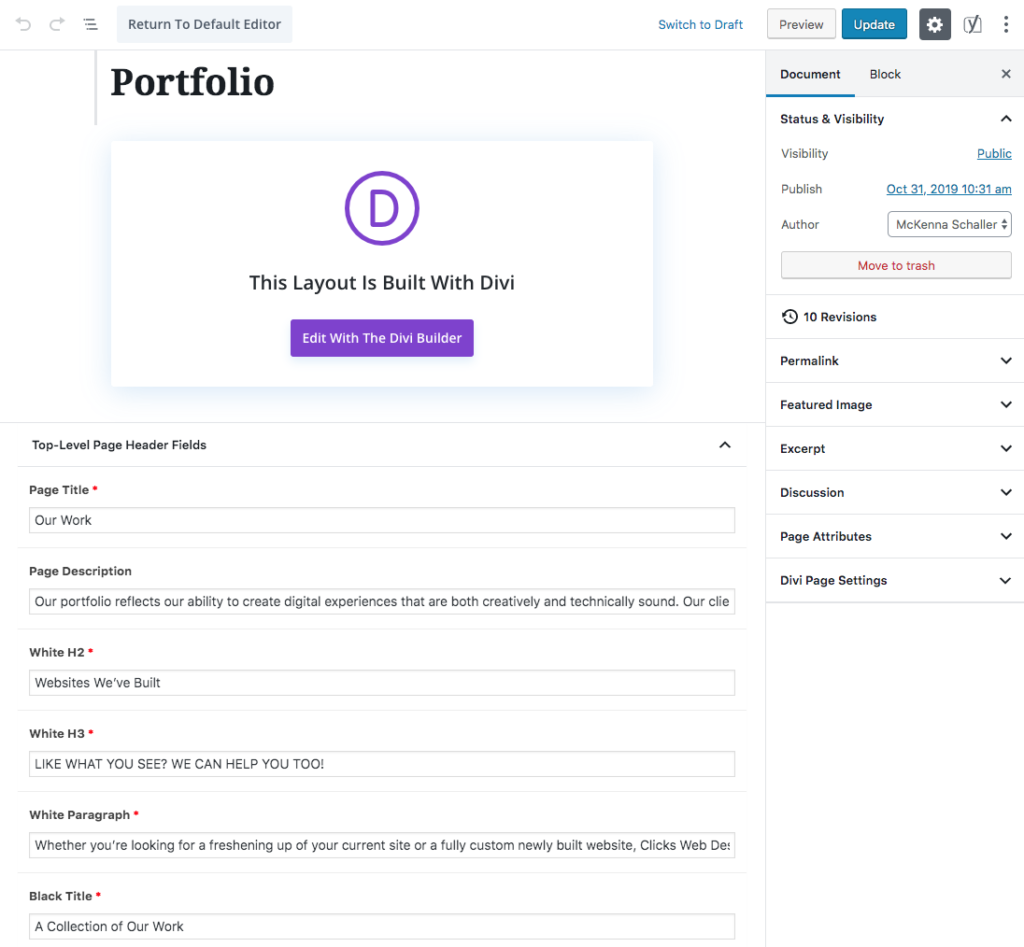 page using acf fields to fill page header template