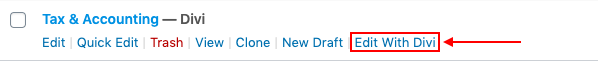 edit with divi option when hovering over page in dashboard