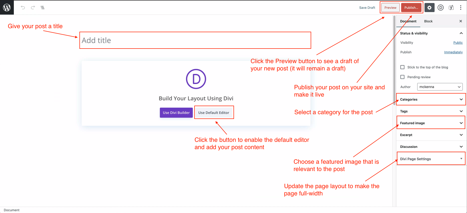 new-divi-blog-post-using-wordpress-editor wordpress new post page with items identified with annotations