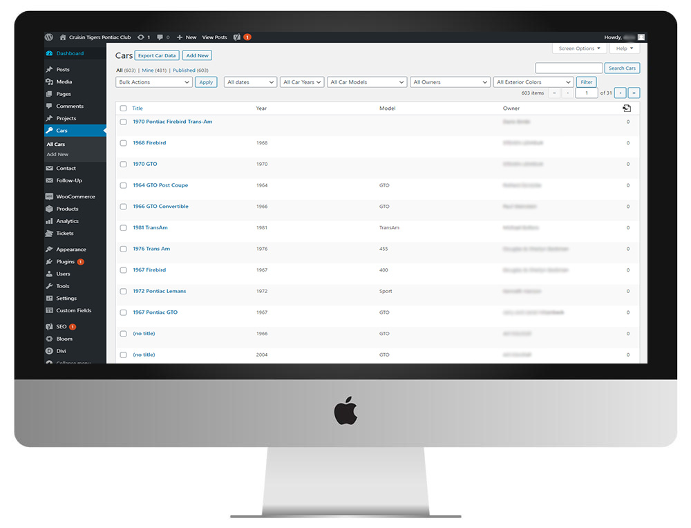 Clicks set up a custom post type called Cars to manage all members' Pontiac cars